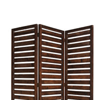 3 Panel Foldable Wooden Screen with Louver Pattern, Dark Brown - BM26501