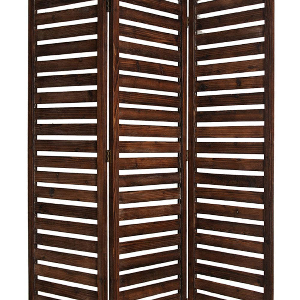 3 Panel Foldable Wooden Screen with Louver Pattern, Dark Brown - BM26501