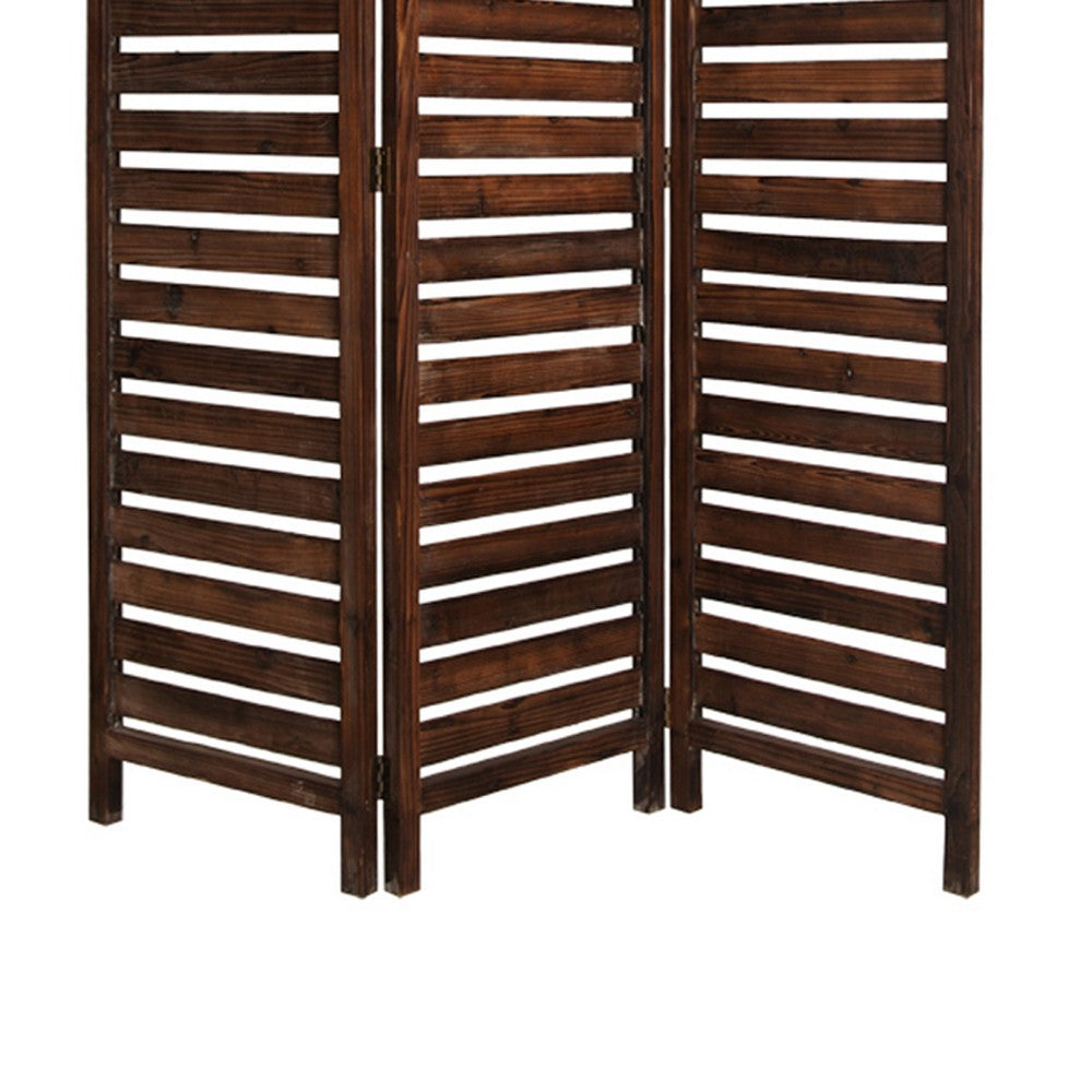 3 Panel Foldable Wooden Screen with Louver Pattern, Dark Brown - BM26501