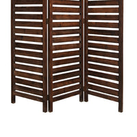 3 Panel Foldable Wooden Screen with Louver Pattern, Dark Brown - BM26501