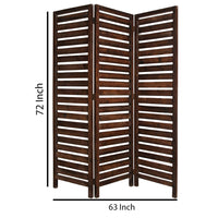 3 Panel Foldable Wooden Screen with Louver Pattern, Dark Brown - BM26501