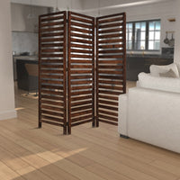 3 Panel Foldable Wooden Screen with Louver Pattern, Dark Brown - BM26501