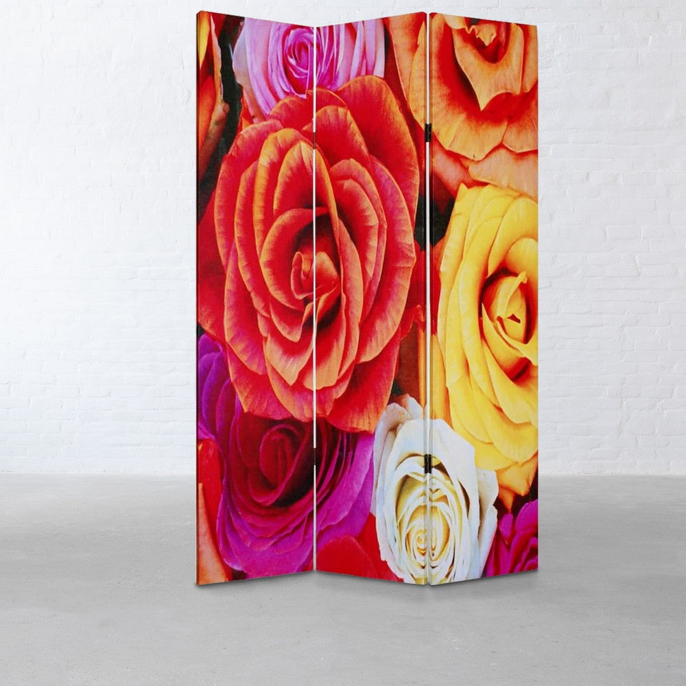 3 Panel Canvas Screen with Contrasting Flower Print, Multicolor - BM26502