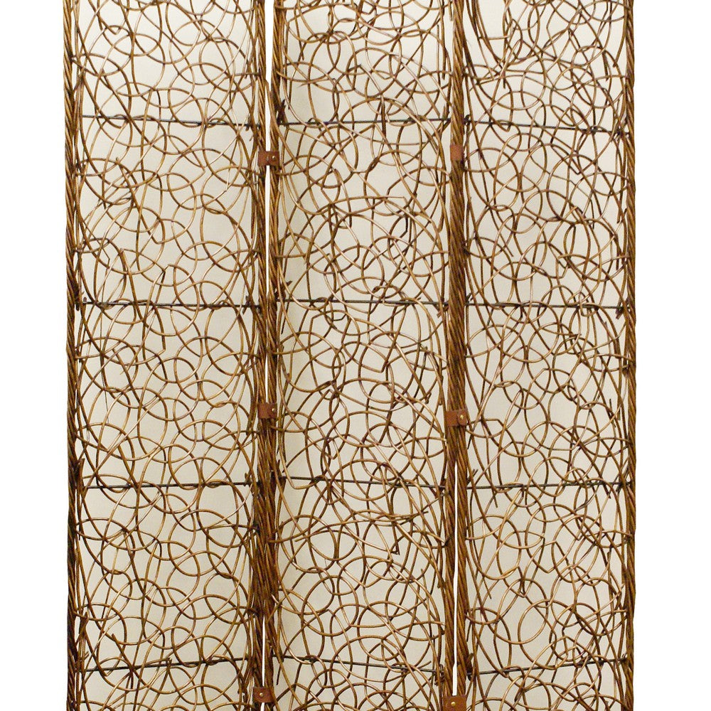 3 Panel Foldable Wooden Screen with Lattice Design, Brown - BM26504