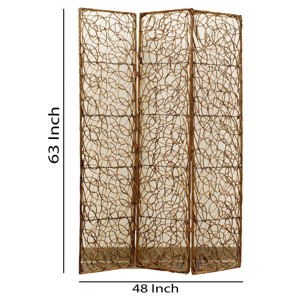 3 Panel Foldable Wooden Screen with Lattice Design, Brown - BM26504
