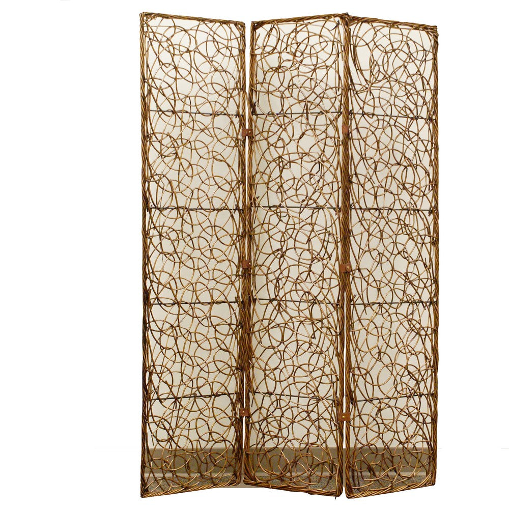 3 Panel Foldable Wooden Screen with Lattice Design, Brown - BM26504