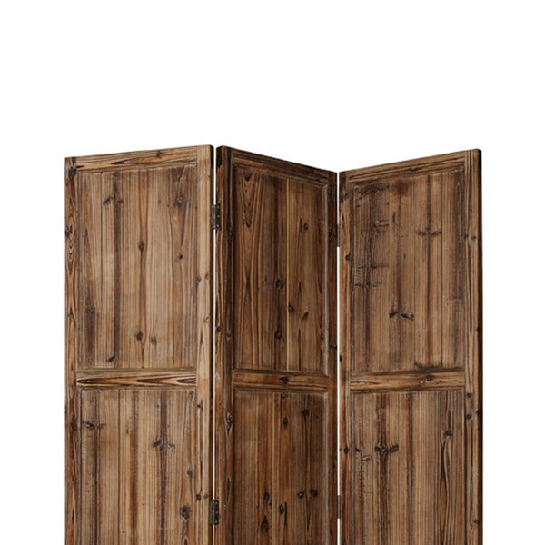 3 Panel Foldable Traditional Wooden Screen with Rustic Touch, Brown - BM26505