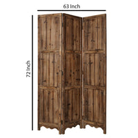 3 Panel Foldable Traditional Wooden Screen with Rustic Touch, Brown - BM26505