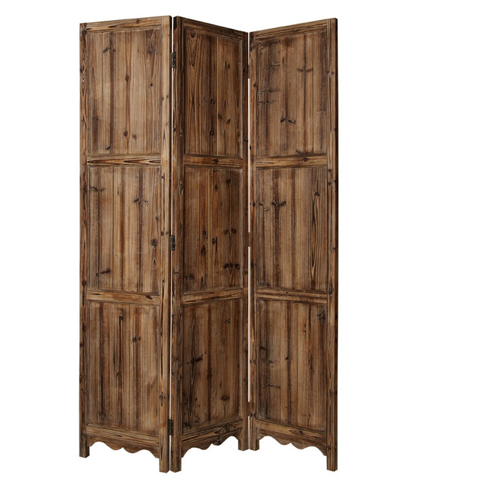 3 Panel Foldable Traditional Wooden Screen with Rustic Touch, Brown - BM26505