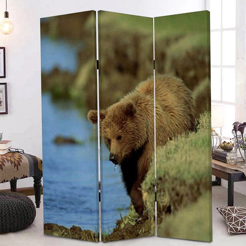 3 Panel Foldable Wooden Screen with Bear Print, Blue and Brown - BM26506