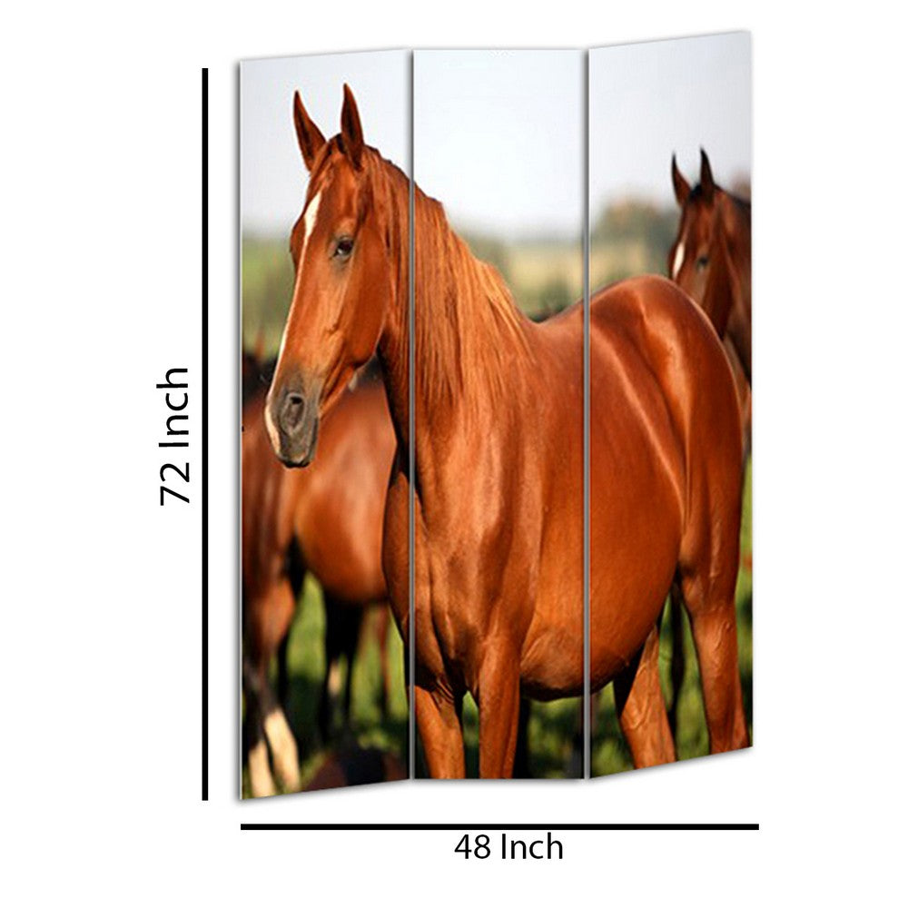3 Panel Foldable Wooden Screen with Horse Print, Brown - BM26507