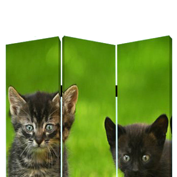 3 Panel Foldable Wooden Screen with Kitten Print, Brown and Green - BM26508