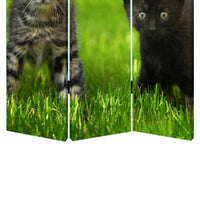 3 Panel Foldable Wooden Screen with Kitten Print, Brown and Green - BM26508