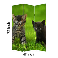 3 Panel Foldable Wooden Screen with Kitten Print, Brown and Green - BM26508