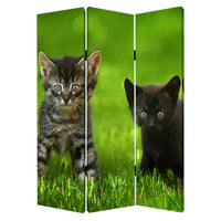3 Panel Foldable Wooden Screen with Kitten Print, Brown and Green - BM26508