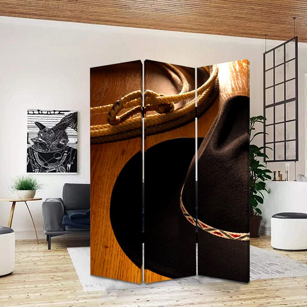3 Panel Foldable Canvas Screen with Country Print, Brown and Black - BM26509
