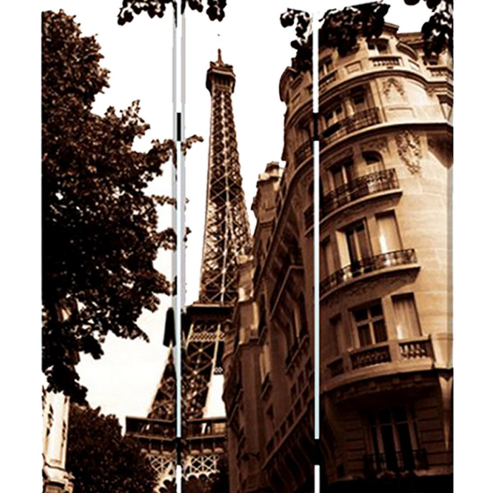 3 Panel Foldable Canvas Screen with Eiffel Tower Print, Brown - BM26510