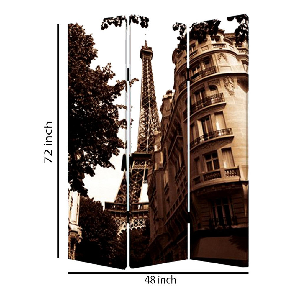 3 Panel Foldable Canvas Screen with Eiffel Tower Print, Brown - BM26510