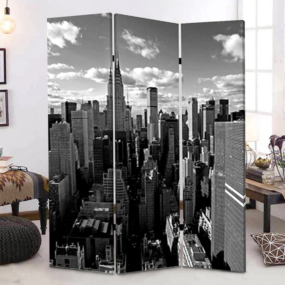 3 Panel Foldable Screen with New York Skyline Print, Black and White - BM26512