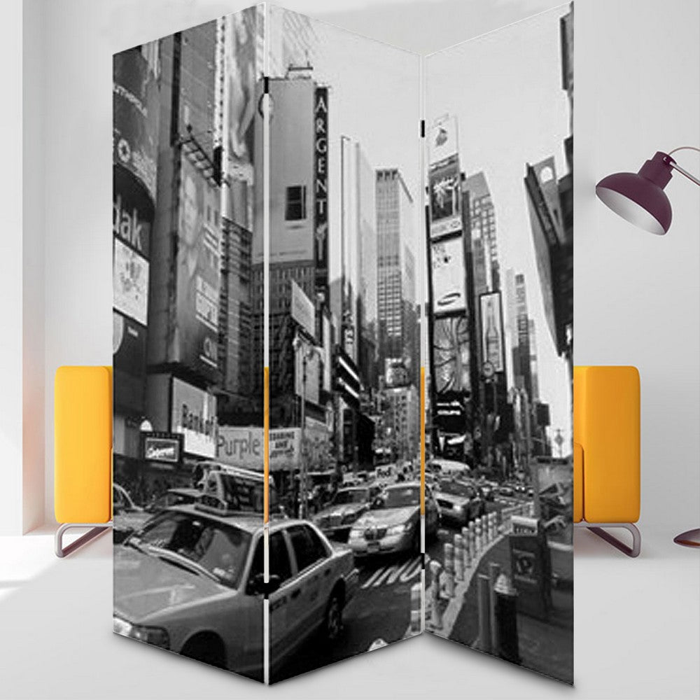 3 Panel Foldable Canvas Screen with NYC Print, Black and White - BM26513