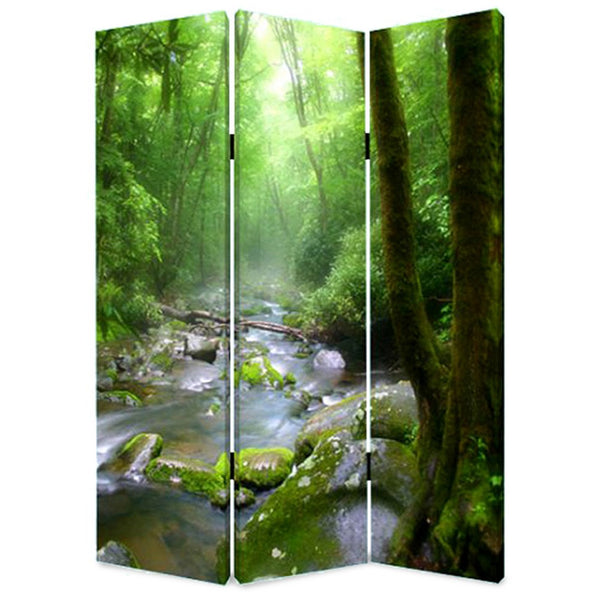 3 Panel Foldable Canvas Screen with Rainforest Print, Green - BM26514