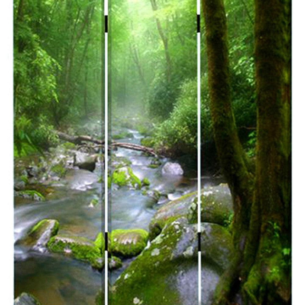 3 Panel Foldable Canvas Screen with Rainforest Print, Green - BM26514