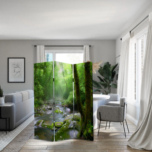 3 Panel Foldable Canvas Screen with Rainforest Print, Green - BM26514