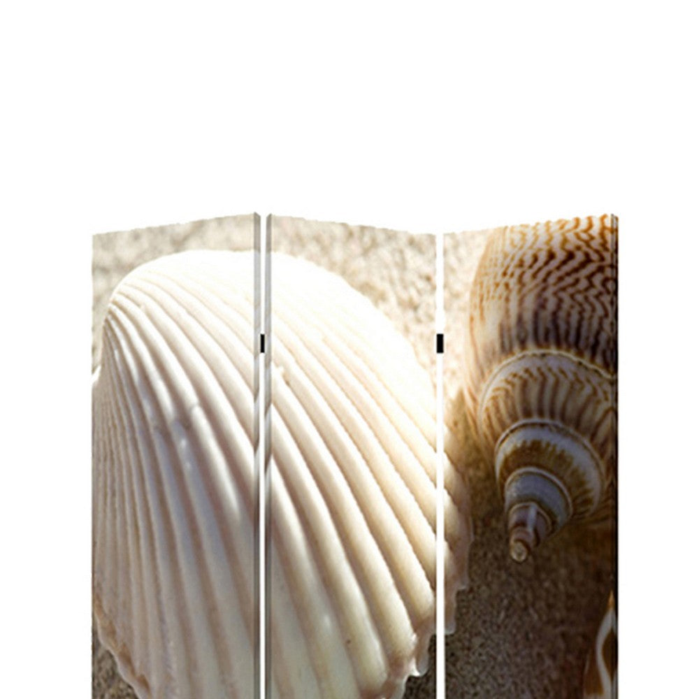 3 Panel Foldable Canvas Screen with Seashell Print, Brown and White - BM26515