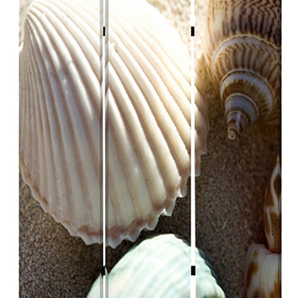 3 Panel Foldable Canvas Screen with Seashell Print, Brown and White - BM26515