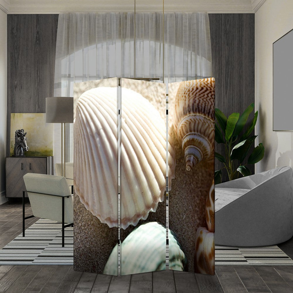 3 Panel Foldable Canvas Screen with Seashell Print, Brown and White - BM26515