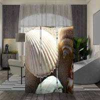 3 Panel Foldable Canvas Screen with Seashell Print, Brown and White - BM26515