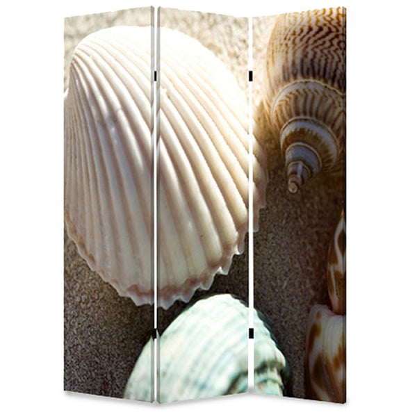 3 Panel Foldable Canvas Screen with Seashell Print, Brown and White - BM26515