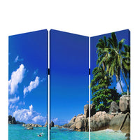 3 Panel Foldable Canvas Screen with Exotic Oceanside Print, Multicolor - BM26516