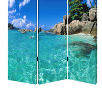 3 Panel Foldable Canvas Screen with Exotic Oceanside Print, Multicolor - BM26516