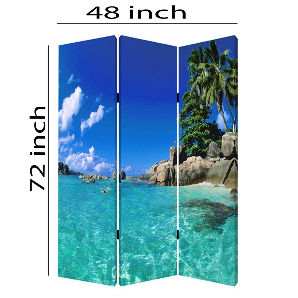 3 Panel Foldable Canvas Screen with Exotic Oceanside Print, Multicolor - BM26516