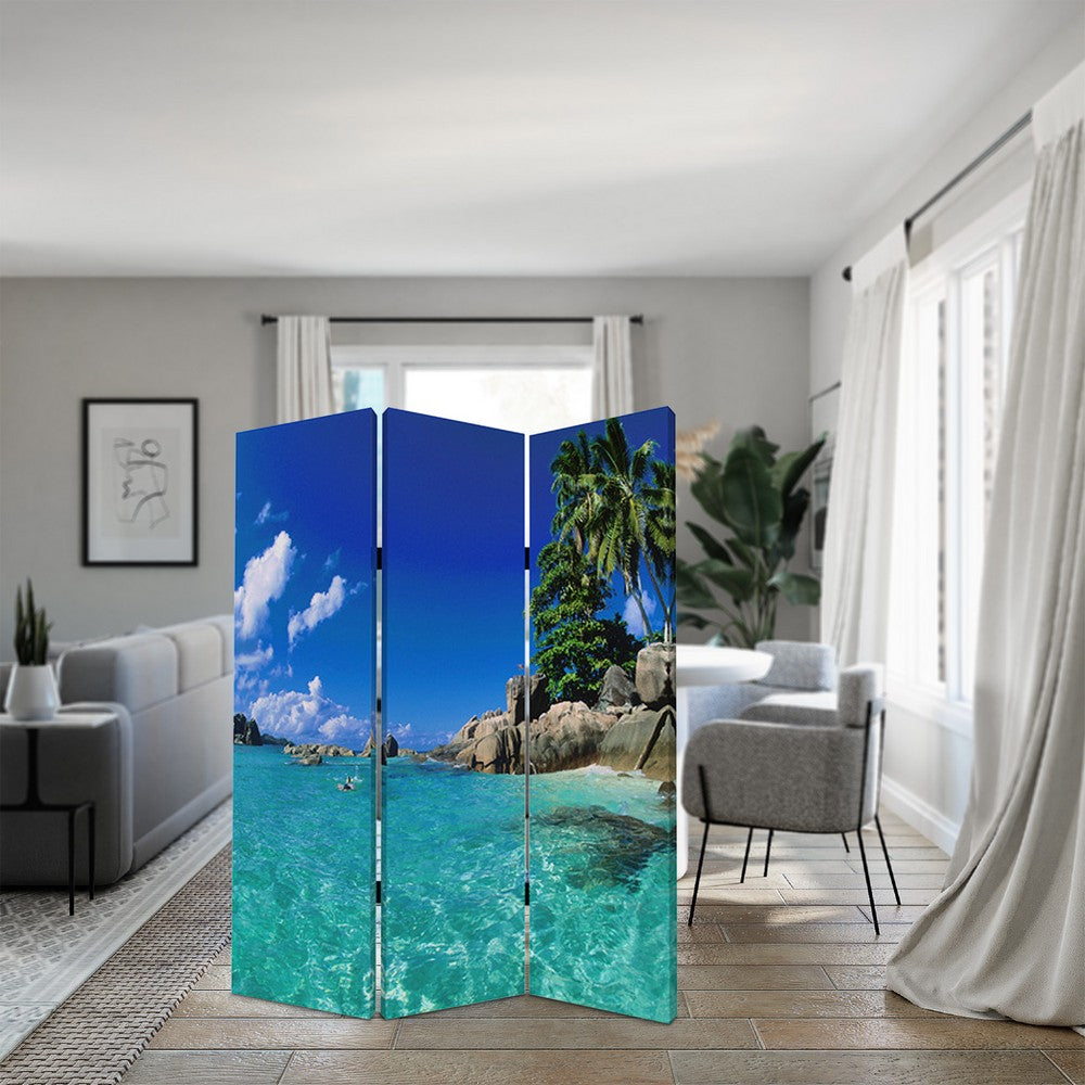 3 Panel Foldable Canvas Screen with Exotic Oceanside Print, Multicolor - BM26516