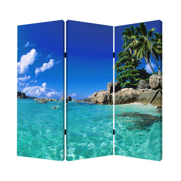 3 Panel Foldable Canvas Screen with Exotic Oceanside Print, Multicolor - BM26516
