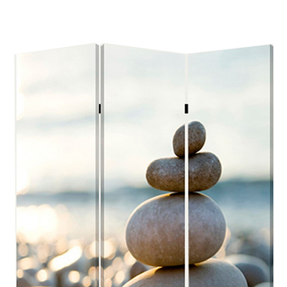3 Panel Foldable Canvas Screen with Pebble Print, Brown and White - BM26517