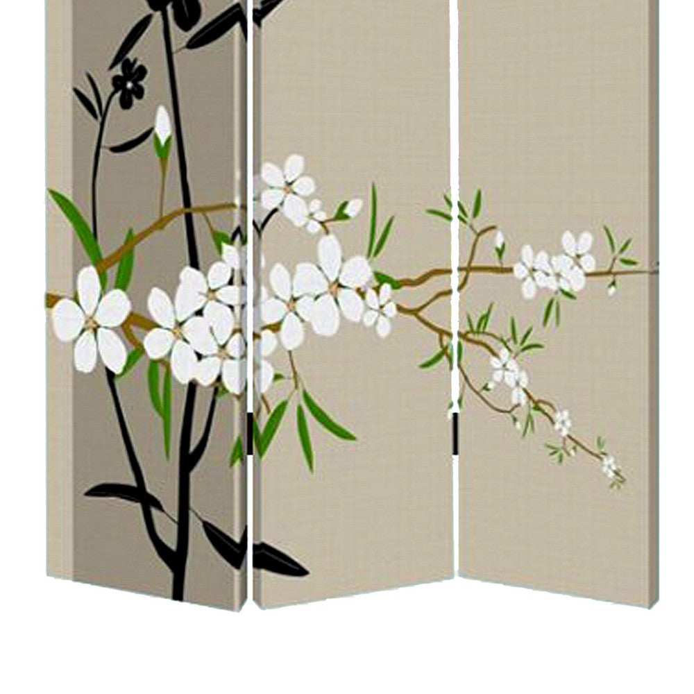 3 Panel Foldable Canvas Screen with Plum Blossom Print , Multicolor - BM26521