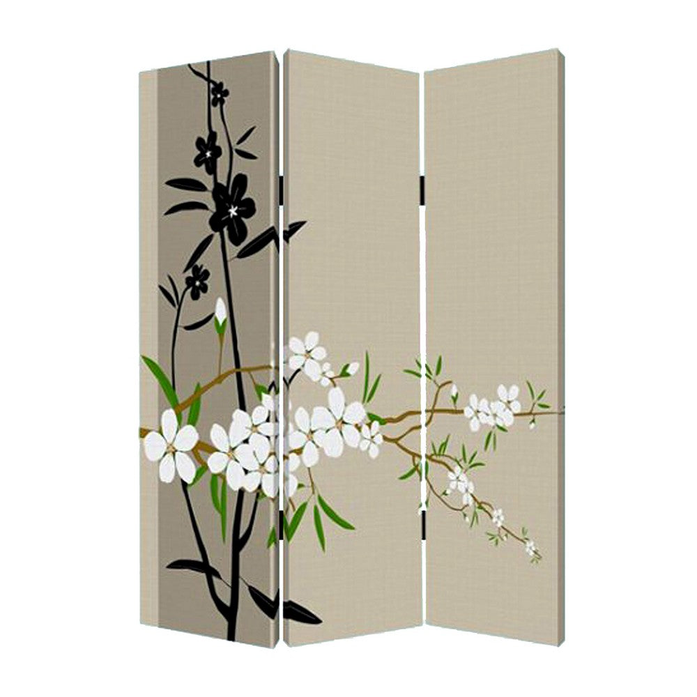 3 Panel Foldable Canvas Screen with Plum Blossom Print , Multicolor - BM26521