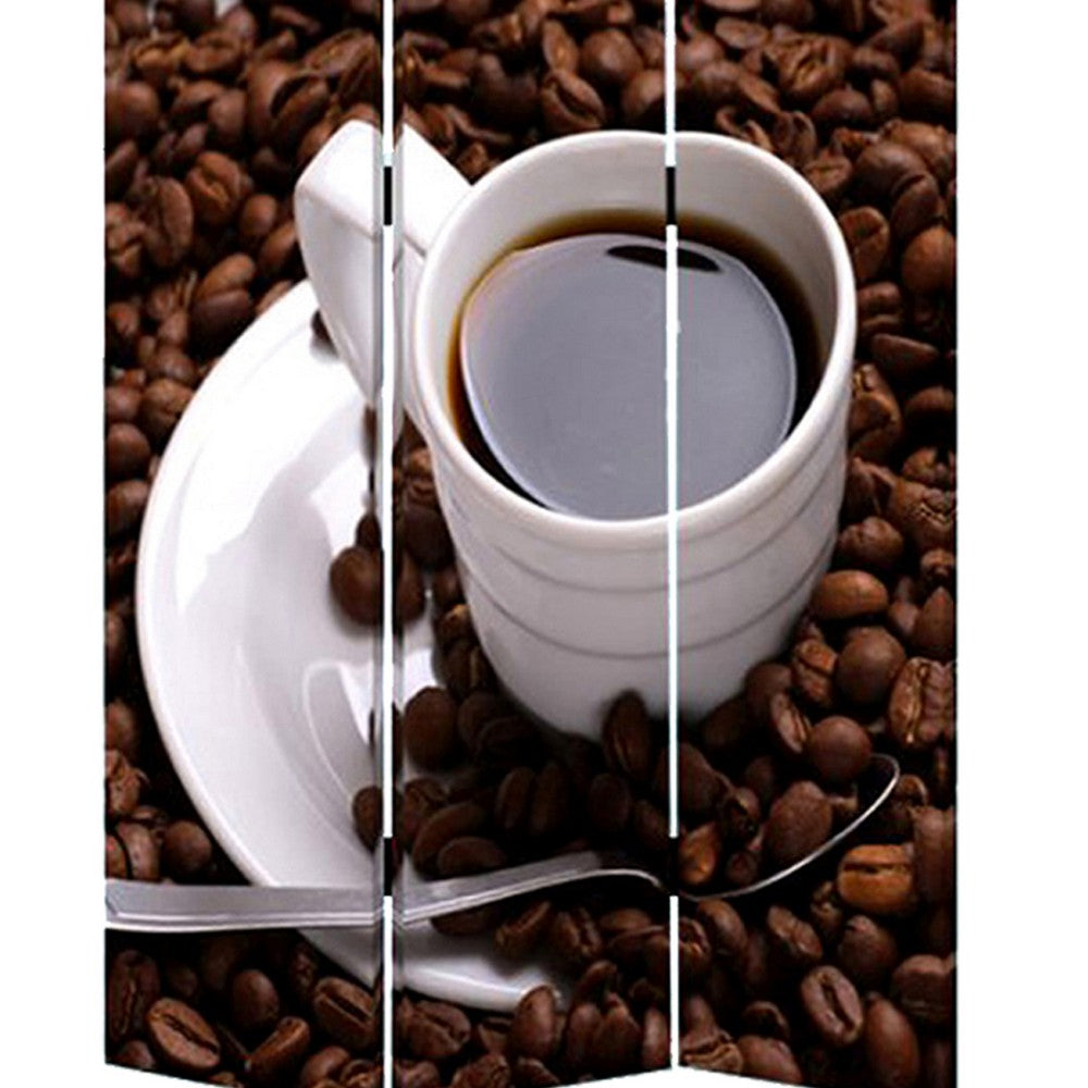 3 Panel Foldable Canvas Screen with Coffee Print, Brown and White - BM26522