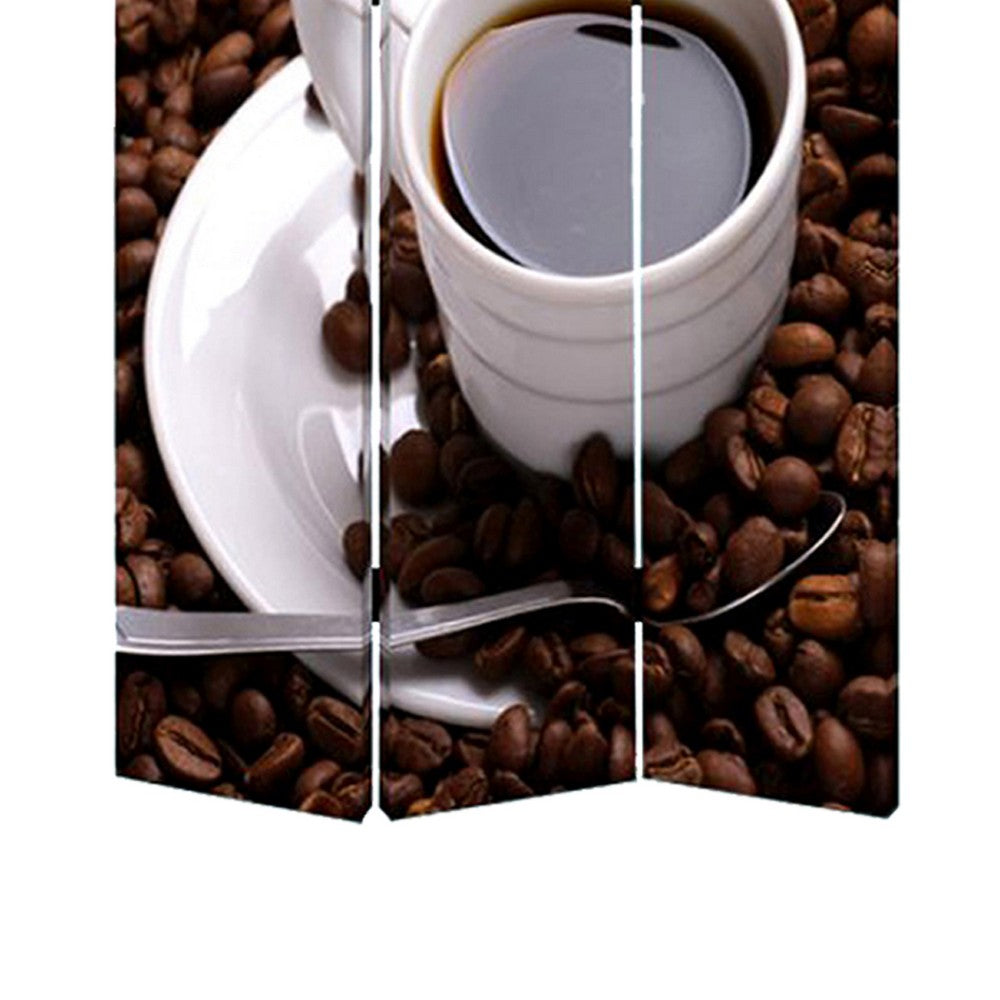 3 Panel Foldable Canvas Screen with Coffee Print, Brown and White - BM26522