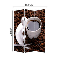 3 Panel Foldable Canvas Screen with Coffee Print, Brown and White - BM26522