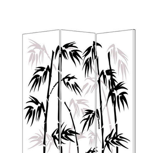 3 Panel Foldable Canvas Bamboo Leaf Print Screen, Black and White - BM26524