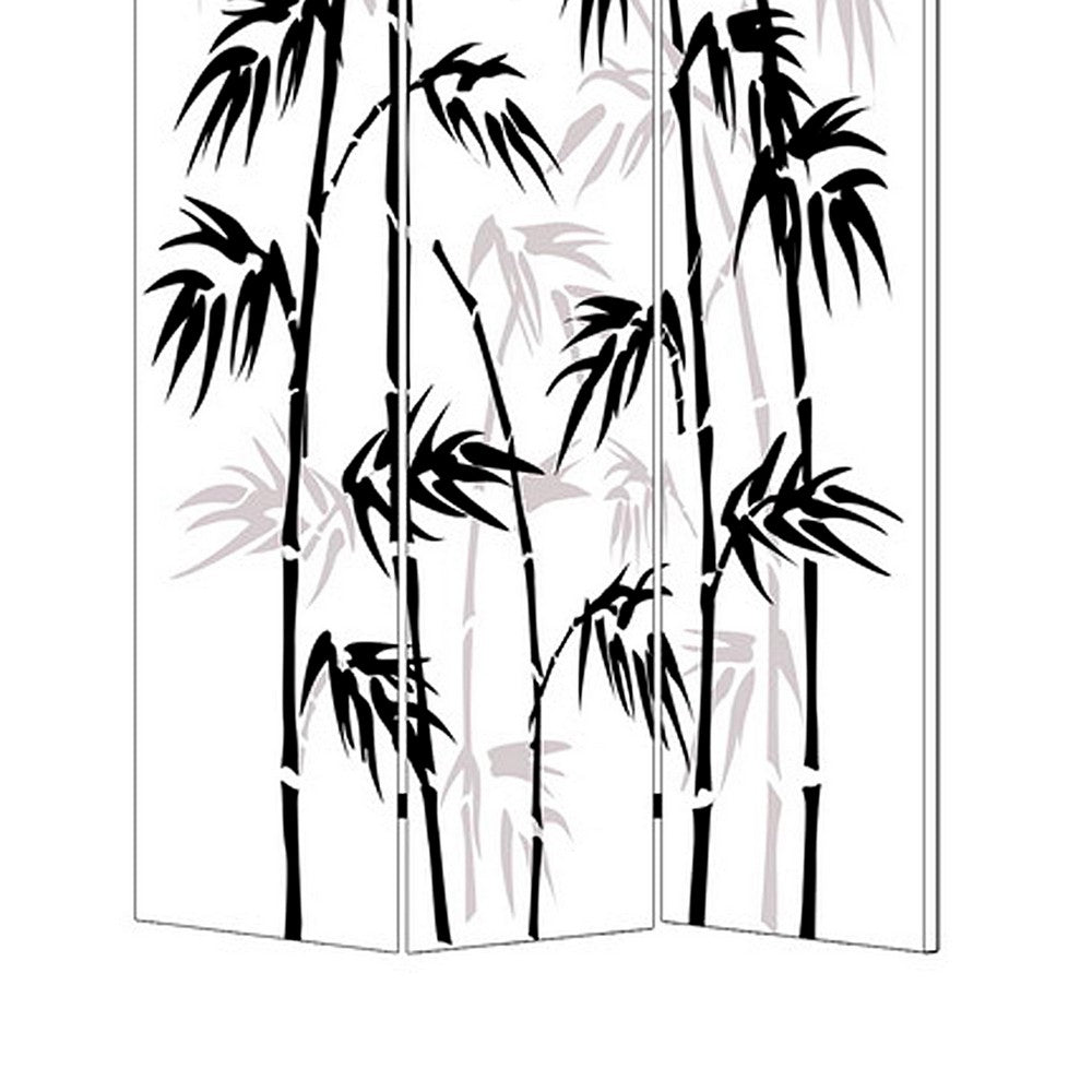 3 Panel Foldable Canvas Bamboo Leaf Print Screen, Black and White - BM26524