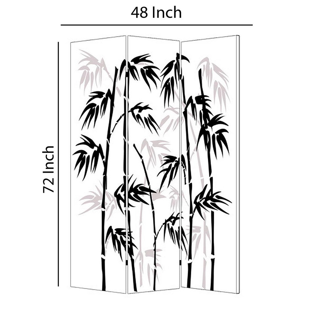 3 Panel Foldable Canvas Bamboo Leaf Print Screen, Black and White - BM26524