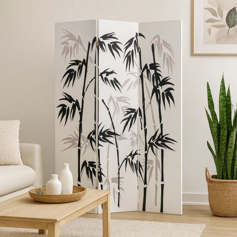 3 Panel Foldable Canvas Bamboo Leaf Print Screen, Black and White - BM26524