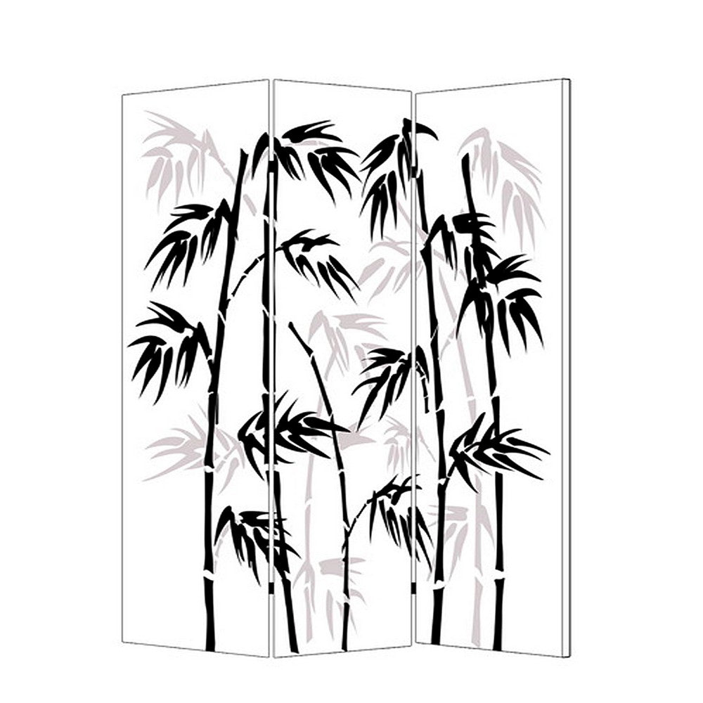 3 Panel Foldable Canvas Bamboo Leaf Print Screen, Black and White - BM26524