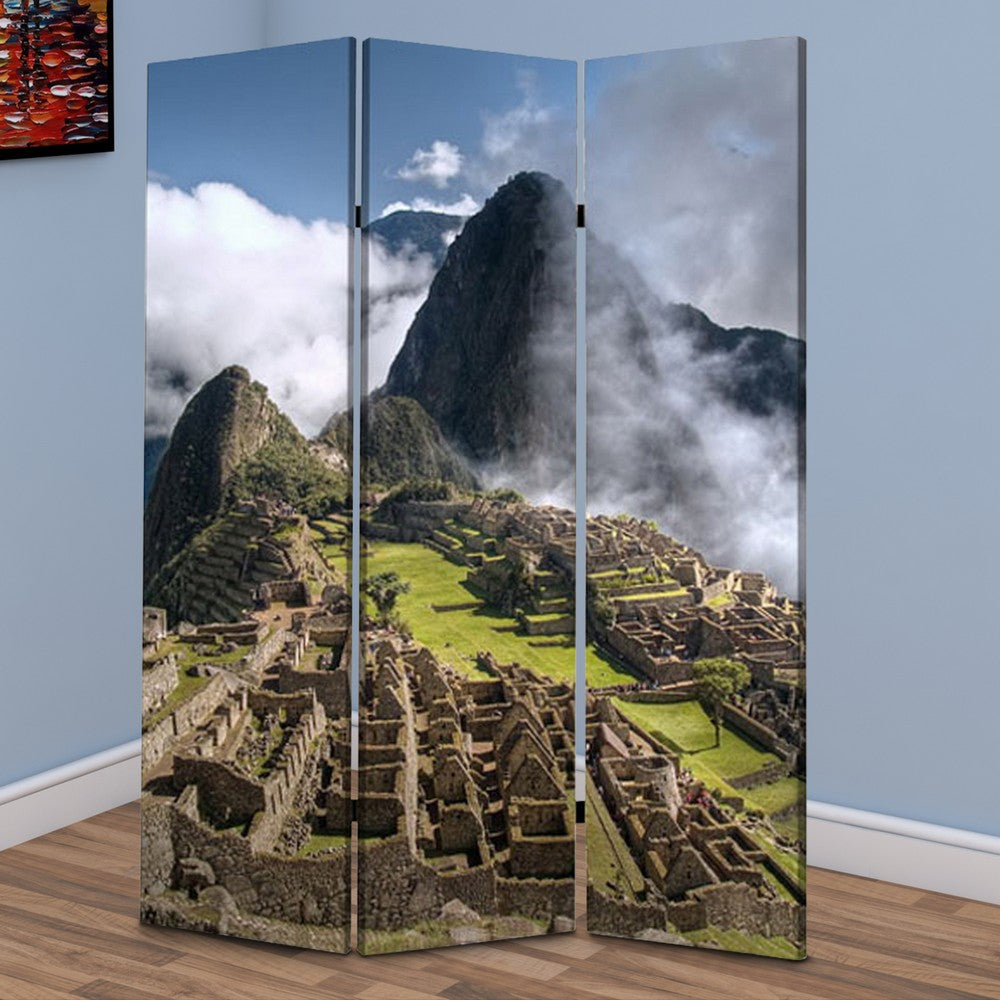 3 Panel Foldable Canvas Screen with Machu Picchu Print, Multicolor - BM26527