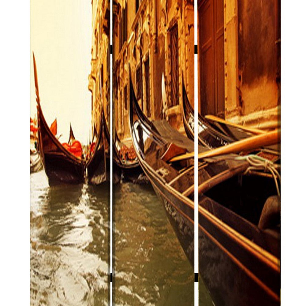 Venice Street Printed Foldable Screen with 3 Panels, Brown - BM26528